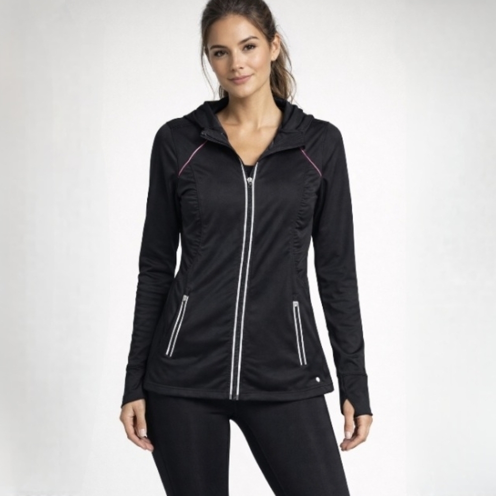 Ideology Women's Black Zip Front Athletic Running Hoodie Jacket Reflective Trim